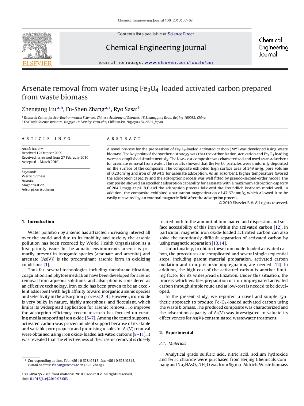 Arsenate removal from water using Fe3O4-loaded activated carbon prepared from waste biomass