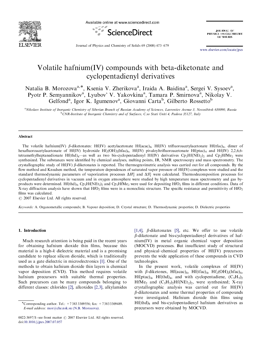 Volatile hafnium(IV) compounds with beta-diketonate and cyclopentadienyl derivatives