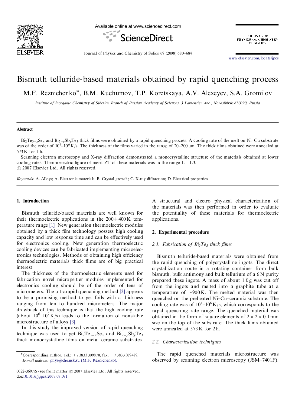 Bismuth telluride-based materials obtained by rapid quenching process