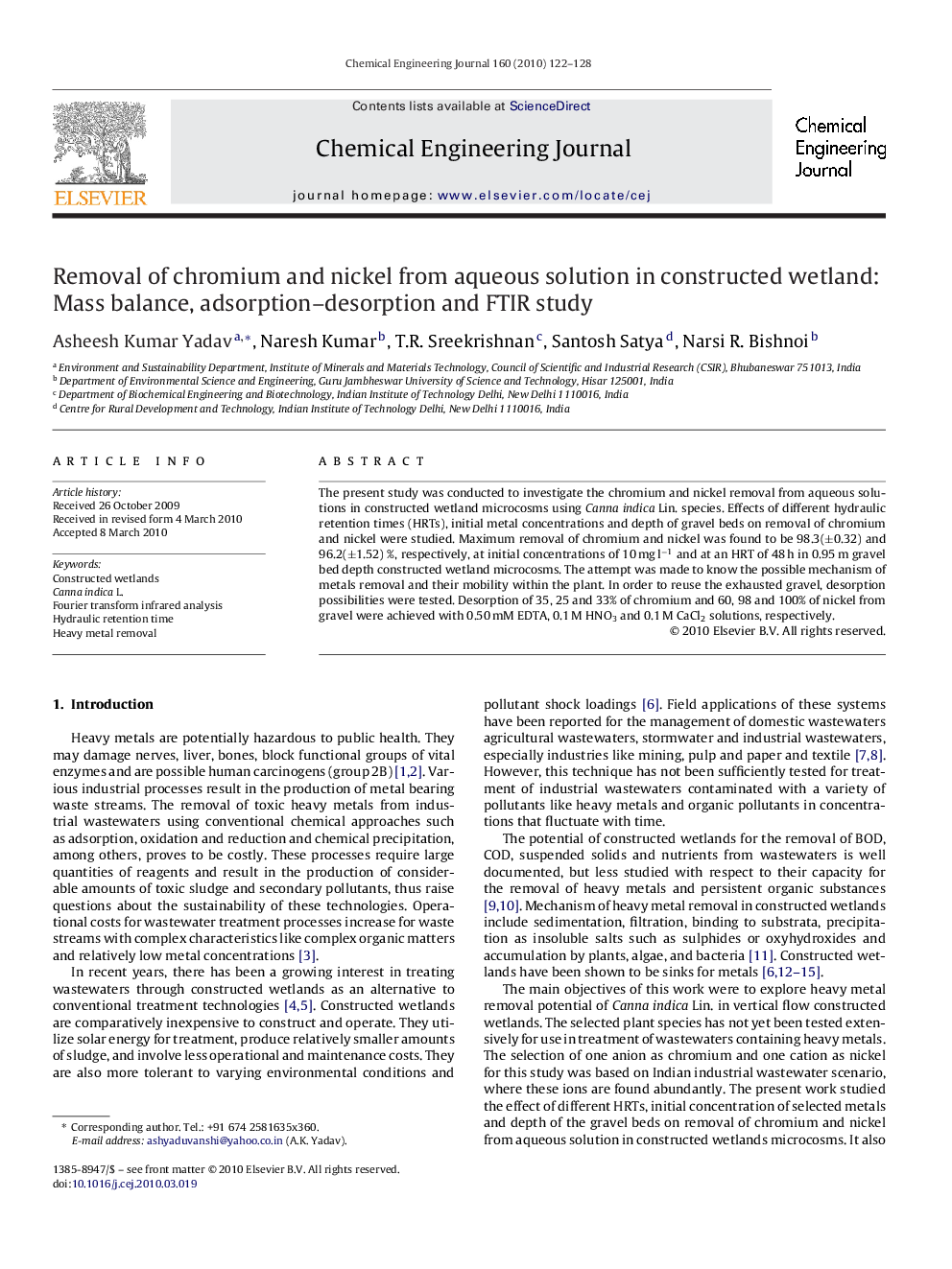 Removal of chromium and nickel from aqueous solution in constructed wetland: Mass balance, adsorption–desorption and FTIR study