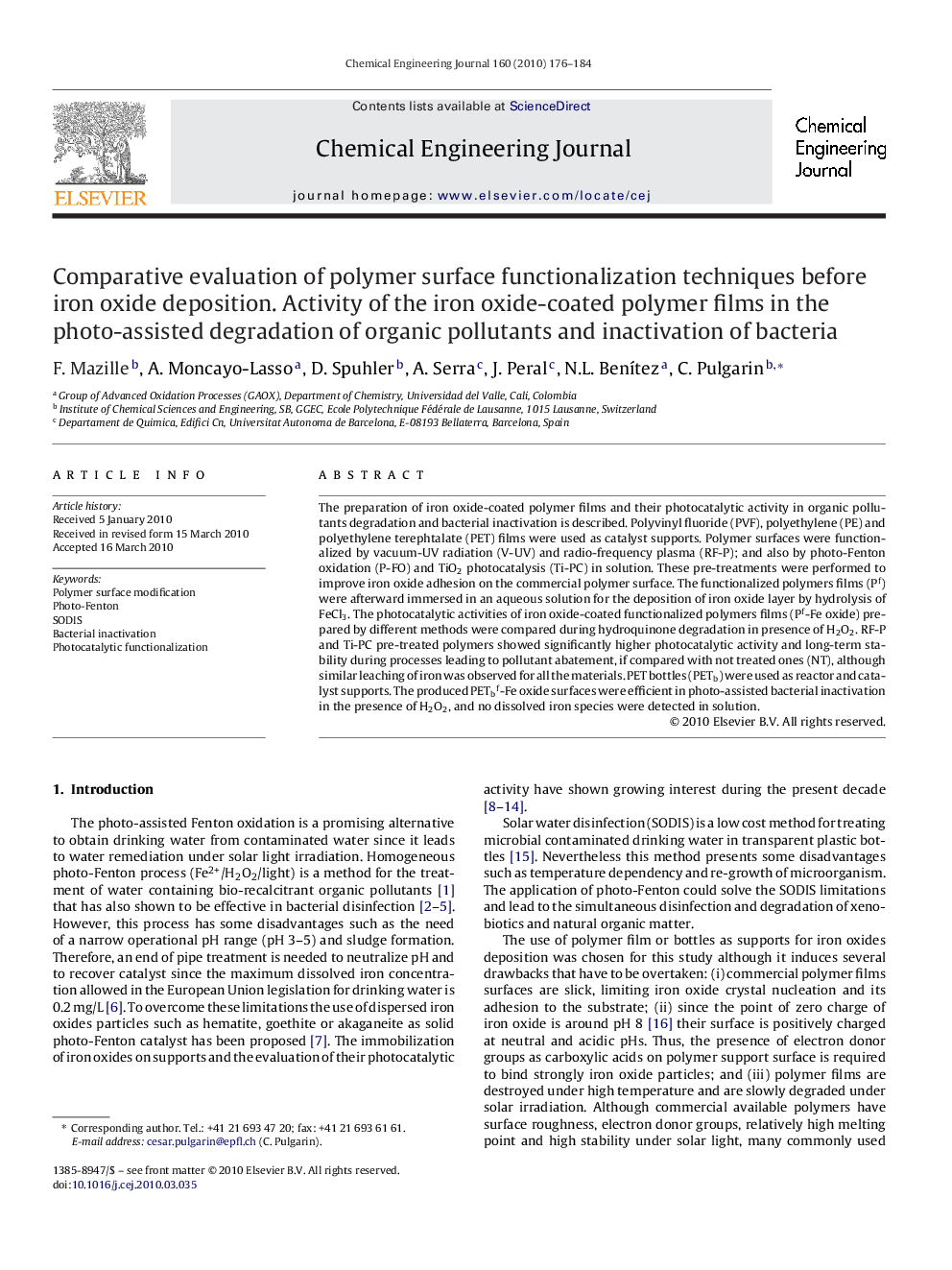 Comparative evaluation of polymer surface functionalization techniques before iron oxide deposition. Activity of the iron oxide-coated polymer films in the photo-assisted degradation of organic pollutants and inactivation of bacteria