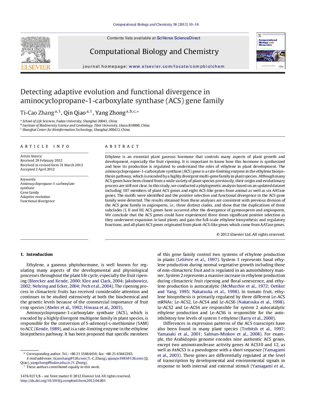 Detecting adaptive evolution and functional divergence in aminocyclopropane-1-carboxylate synthase (ACS) gene family