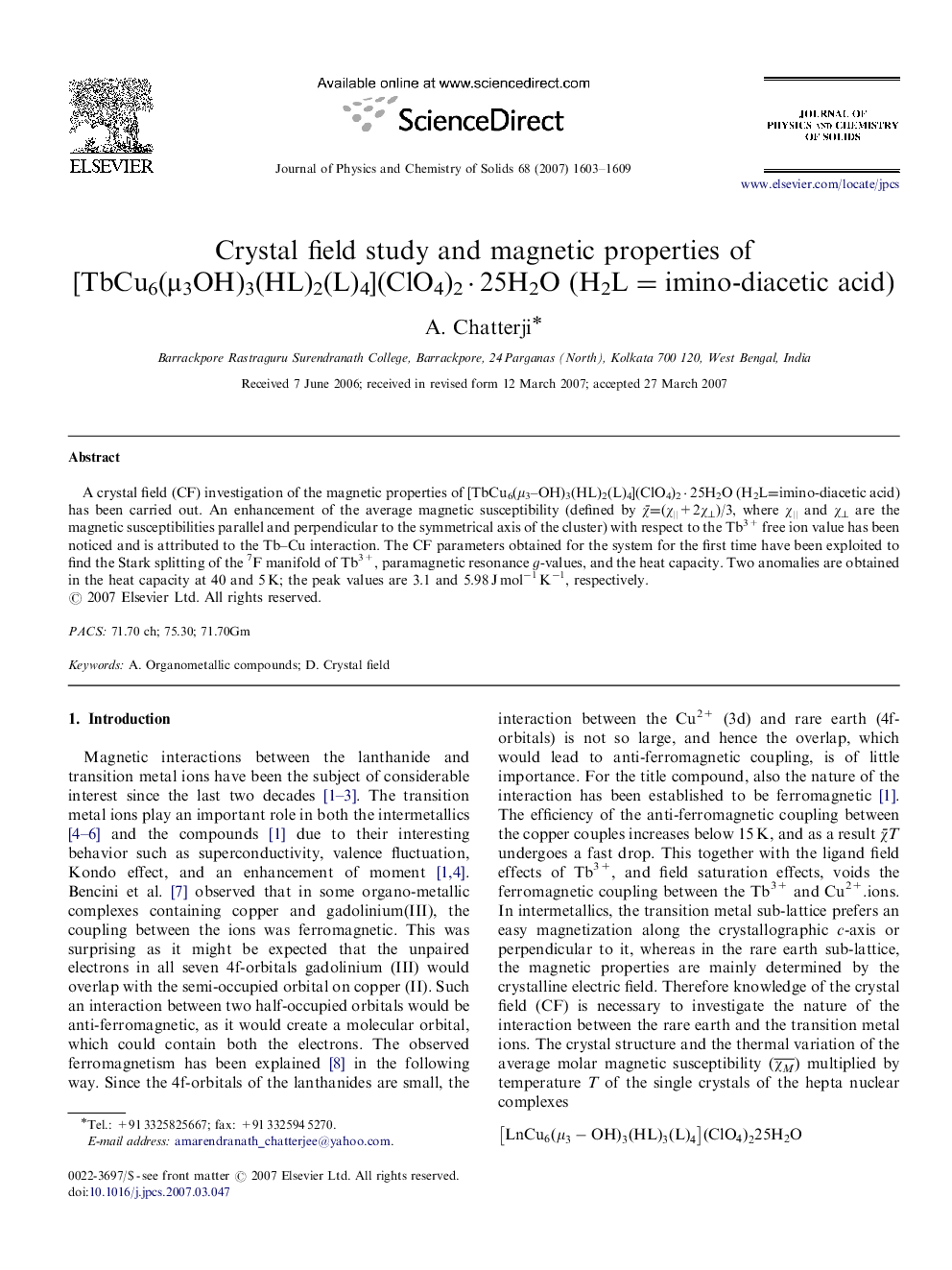 Crystal field study and magnetic properties of [TbCu6(μ3OH)3(HL)2(L)4](ClO4)2·25H2O (H2L=imino-diacetic acid)