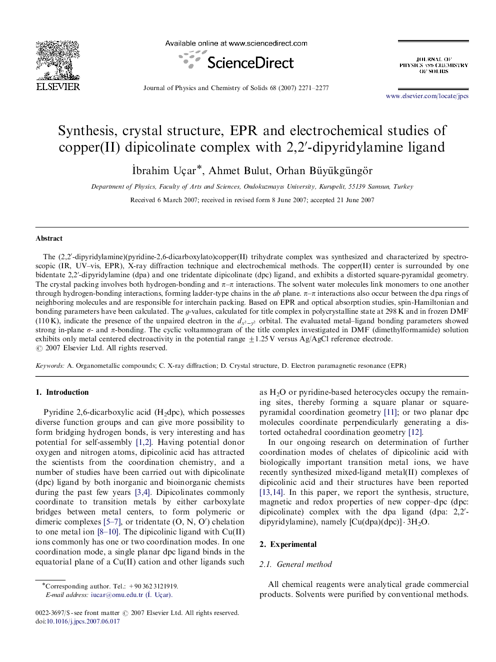 Synthesis, crystal structure, EPR and electrochemical studies of copper(II) dipicolinate complex with 2,2′-dipyridylamine ligand