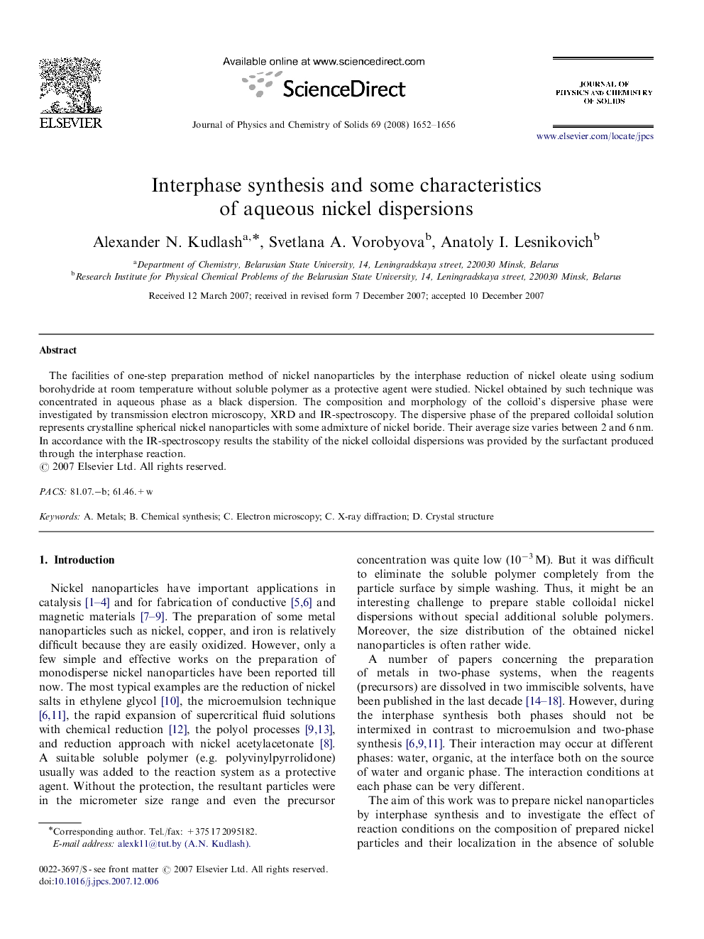 Interphase synthesis and some characteristics of aqueous nickel dispersions