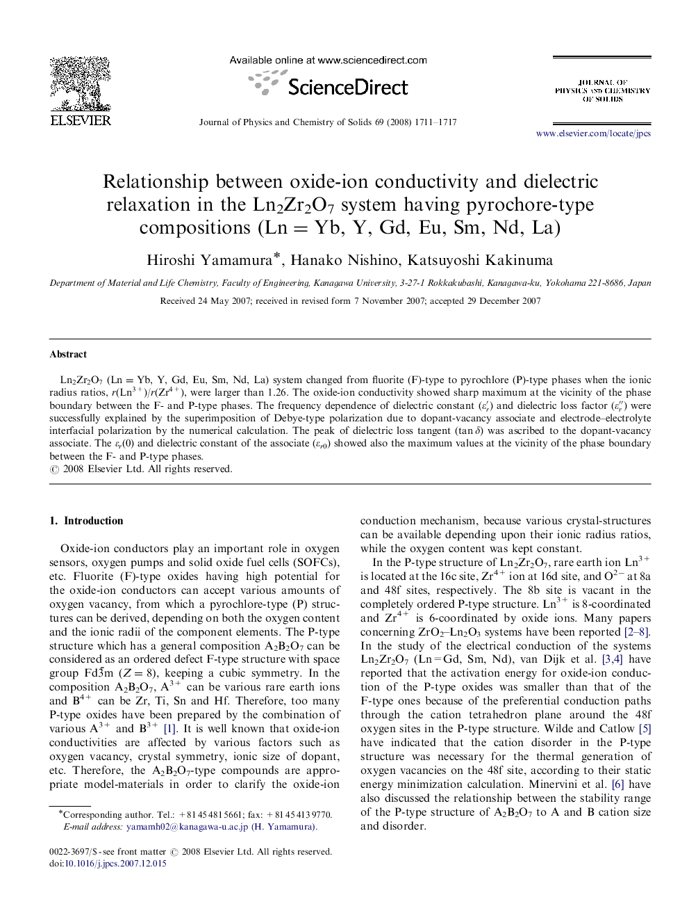 Relationship between oxide-ion conductivity and dielectric relaxation in the Ln2Zr2O7 system having pyrochore-type compositions (Ln=Yb, Y, Gd, Eu, Sm, Nd, La)