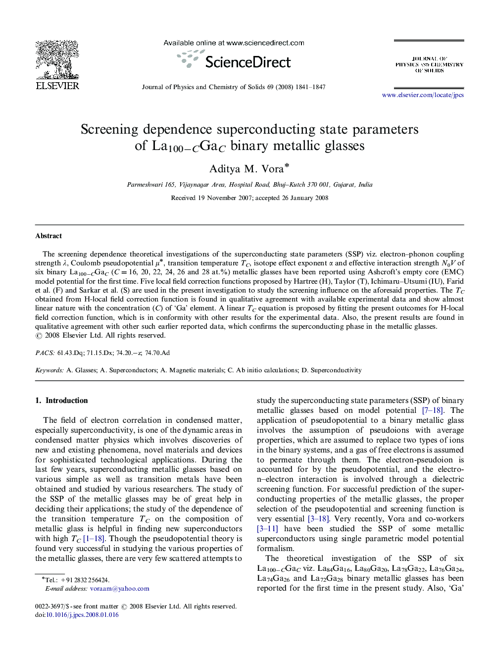 Screening dependence superconducting state parameters of La100âCGaC binary metallic glasses