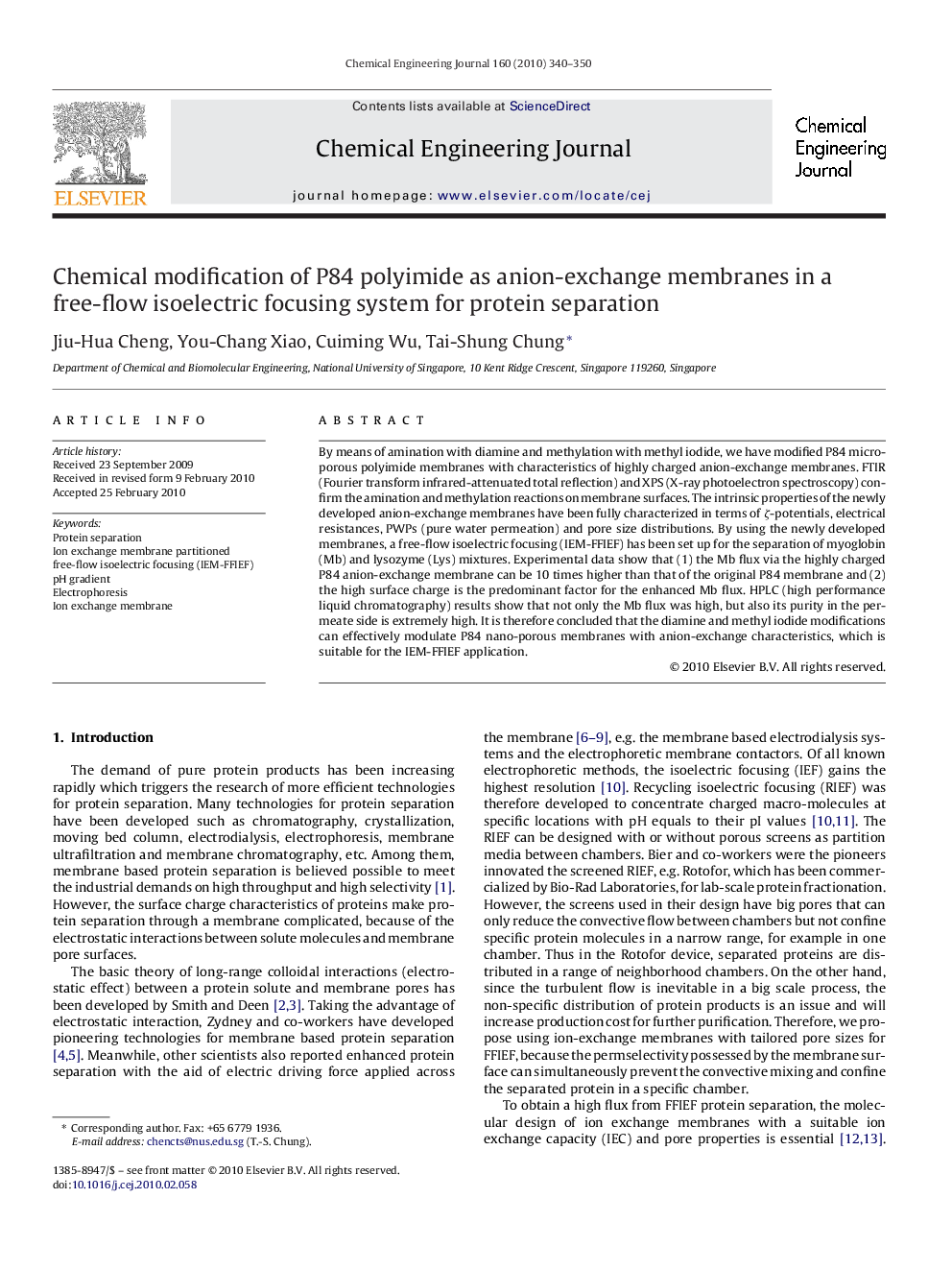 Chemical modification of P84 polyimide as anion-exchange membranes in a free-flow isoelectric focusing system for protein separation