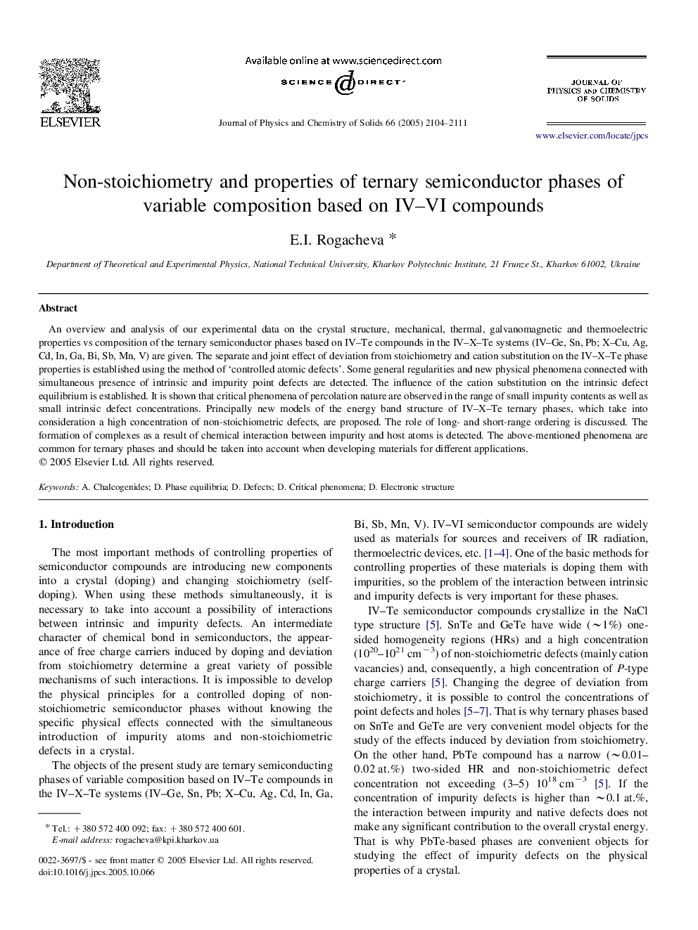 Non-stoichiometry and properties of ternary semiconductor phases of variable composition based on IV–VI compounds