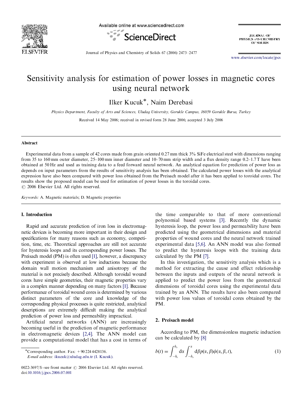 Sensitivity analysis for estimation of power losses in magnetic cores using neural network