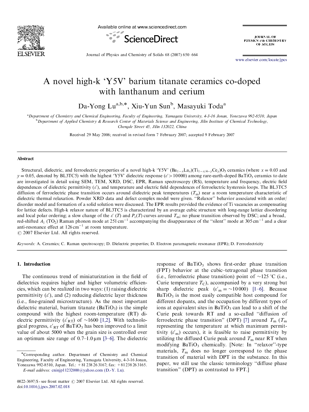 A novel high-k ‘Y5V’ barium titanate ceramics co-doped with lanthanum and cerium