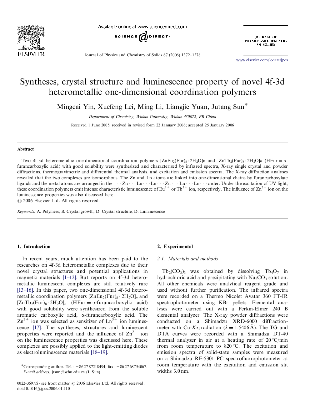 Syntheses, crystal structure and luminescence property of novel 4f-3d heterometallic one-dimensional coordination polymers