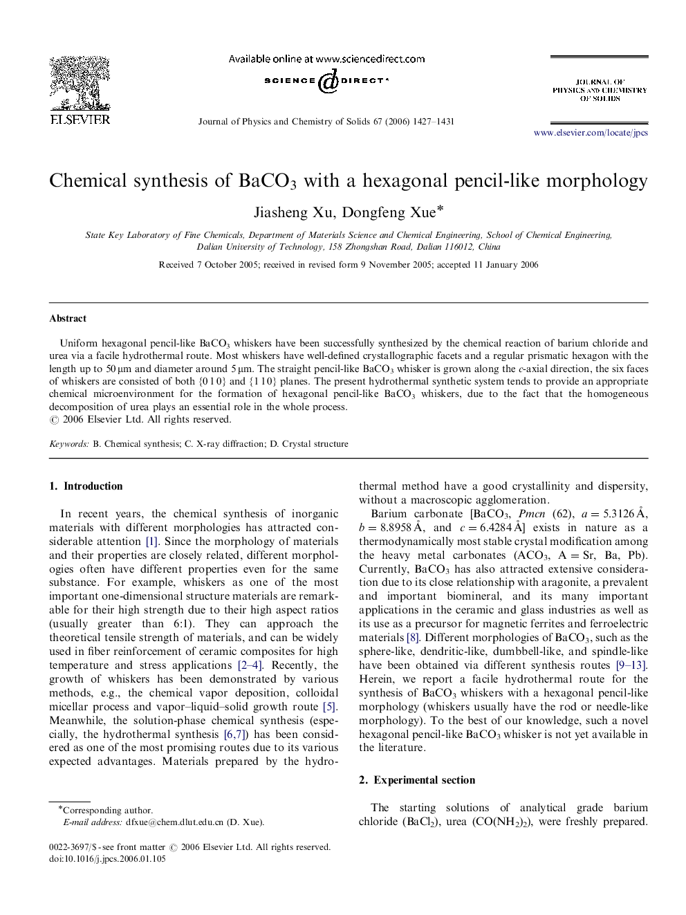 Chemical synthesis of BaCO3 with a hexagonal pencil-like morphology