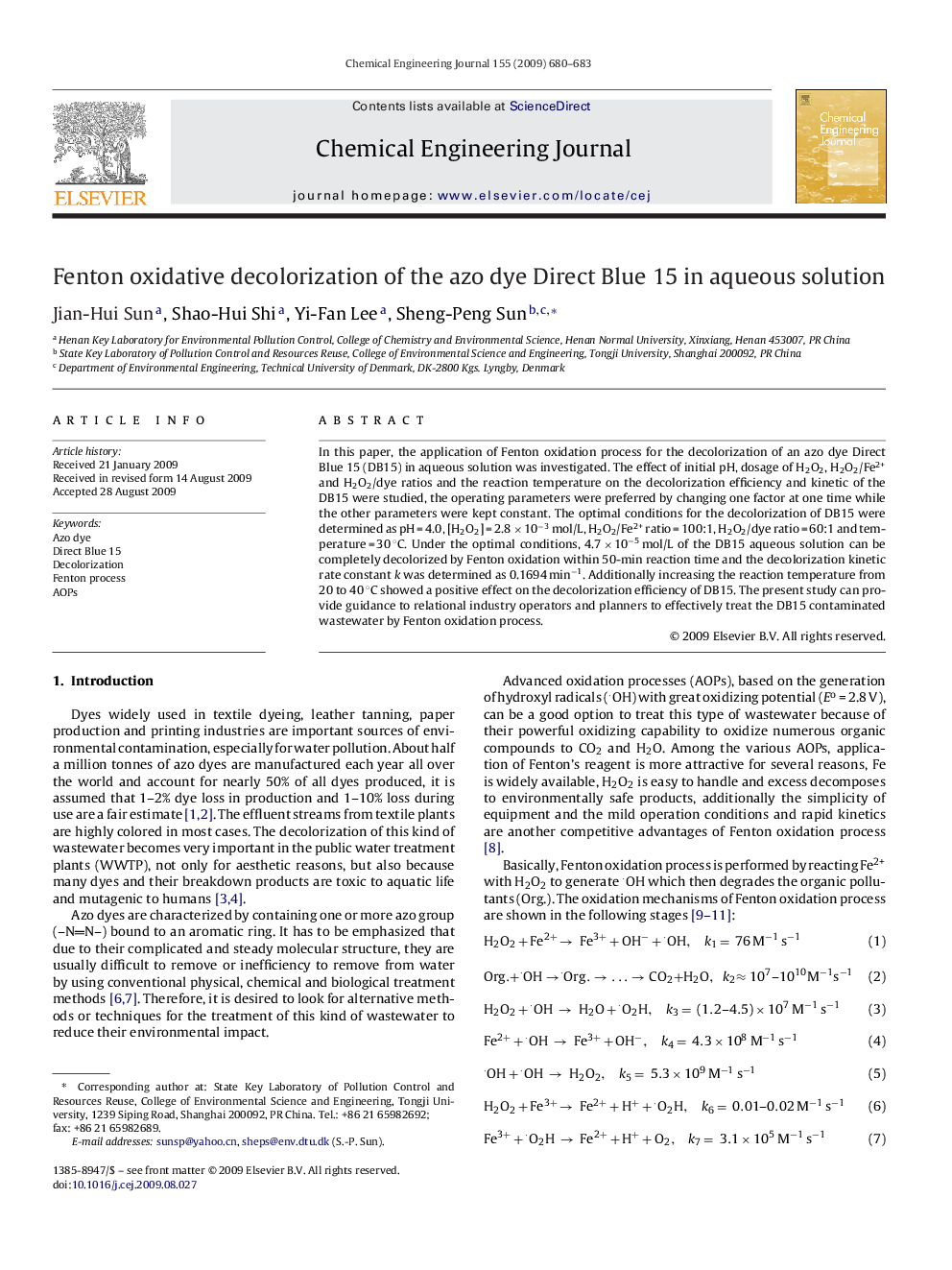 عکس صفحه اول مقاله: Fenton oxidative decolorization of the azo dye Direct Blue 15 in aqueous solution Fenton oxidative decolorization of the azo dye Direct Blue 15 in aqueous solution