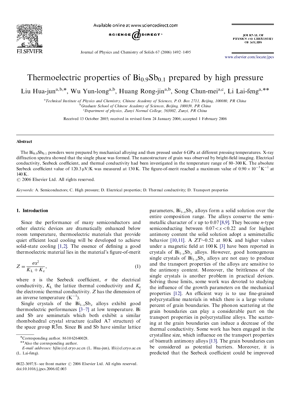 Thermoelectric properties of Bi0.9Sb0.1 prepared by high pressure