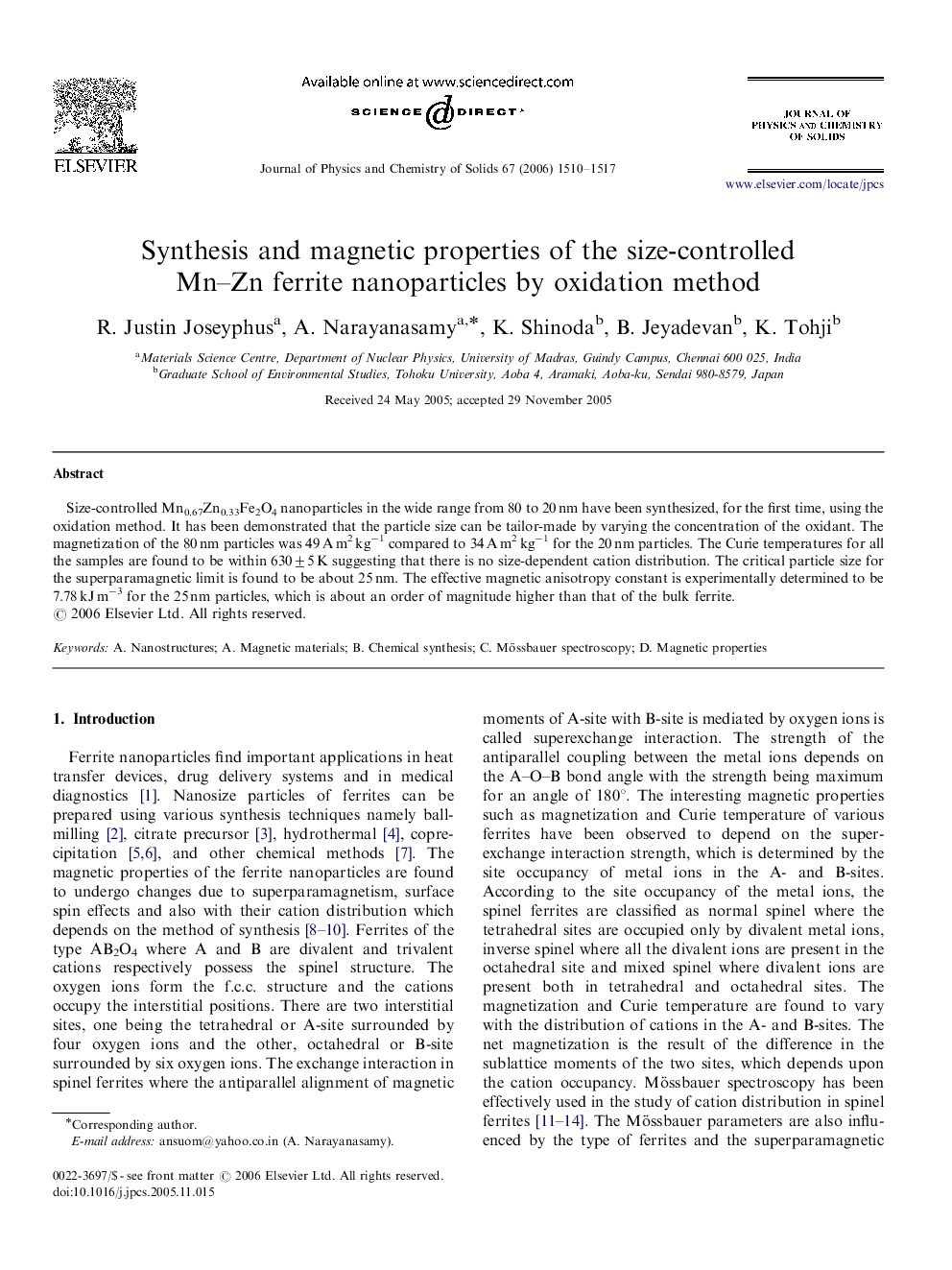 Synthesis and magnetic properties of the size-controlled Mn–Zn ferrite nanoparticles by oxidation method