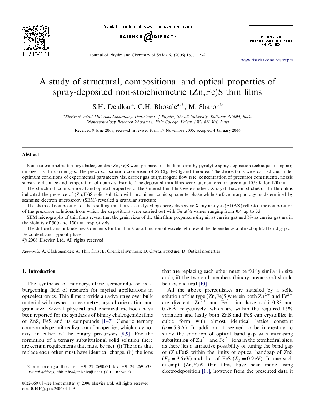 A study of structural, compositional and optical properties of spray-deposited non-stoichiometric (Zn,Fe)S thin films