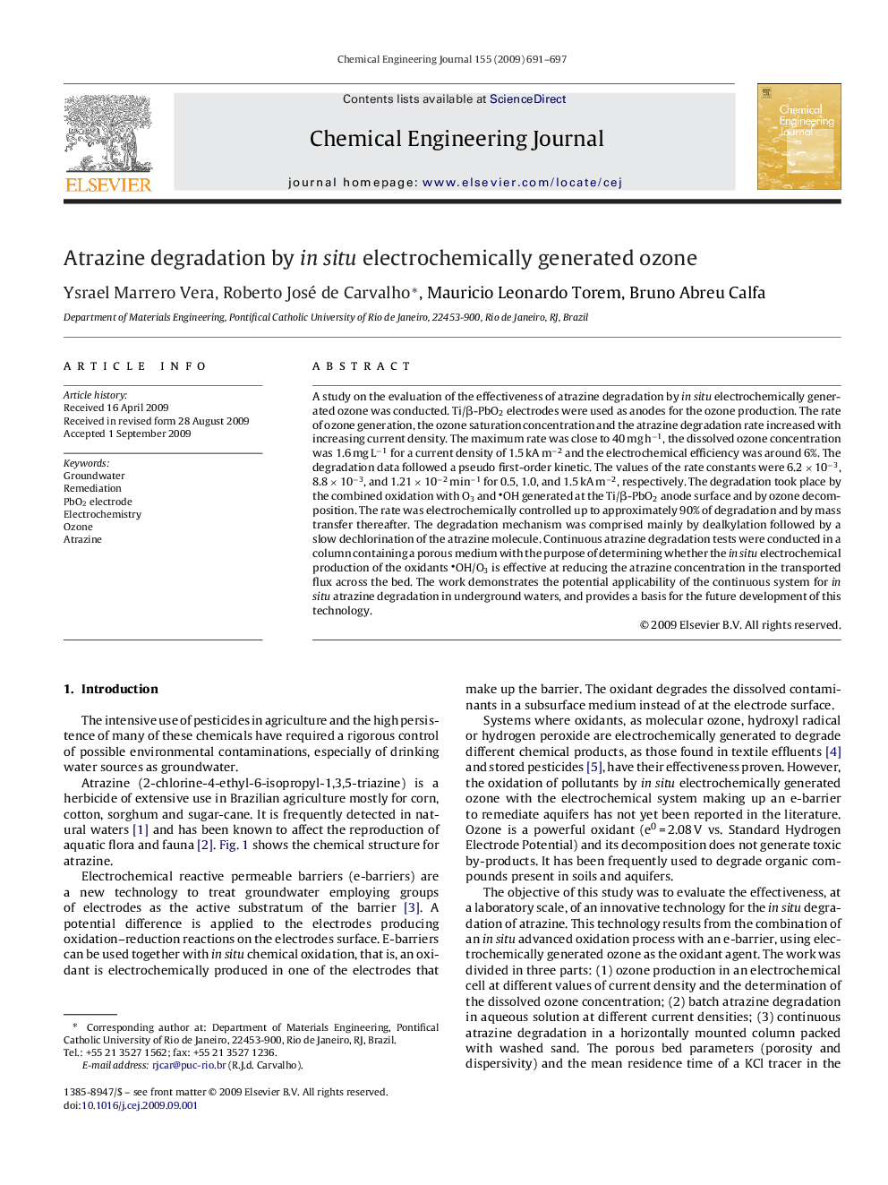 Atrazine degradation by in situ electrochemically generated ozone