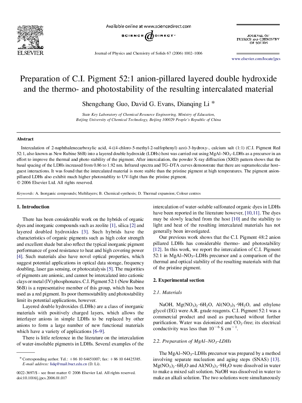 Preparation of C.I. Pigment 52:1 anion-pillared layered double hydroxide and the thermo- and photostability of the resulting intercalated material