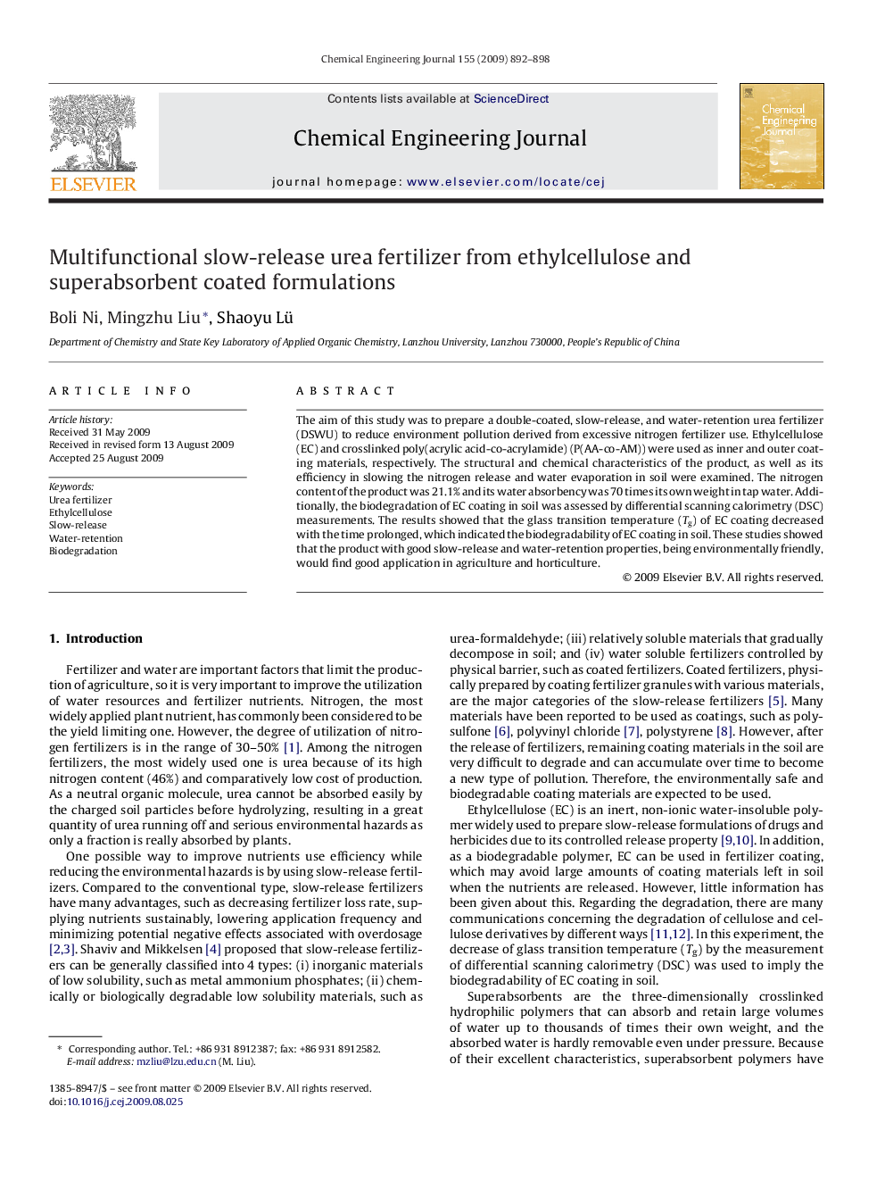 عکس صفحه اول مقاله: Multifunctional slow-release urea fertilizer from ethylcellulose and superabsorbent coated formulations Multifunctional slow-release urea fertilizer from ethylcellulose and superabsorbent coated formulations
