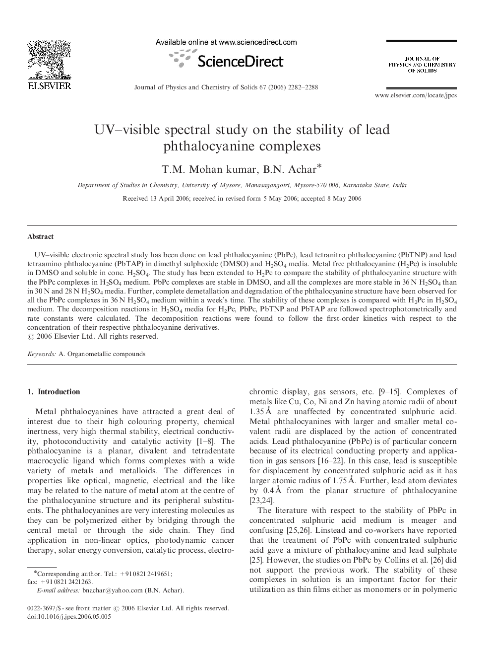 UV–visible spectral study on the stability of lead phthalocyanine complexes