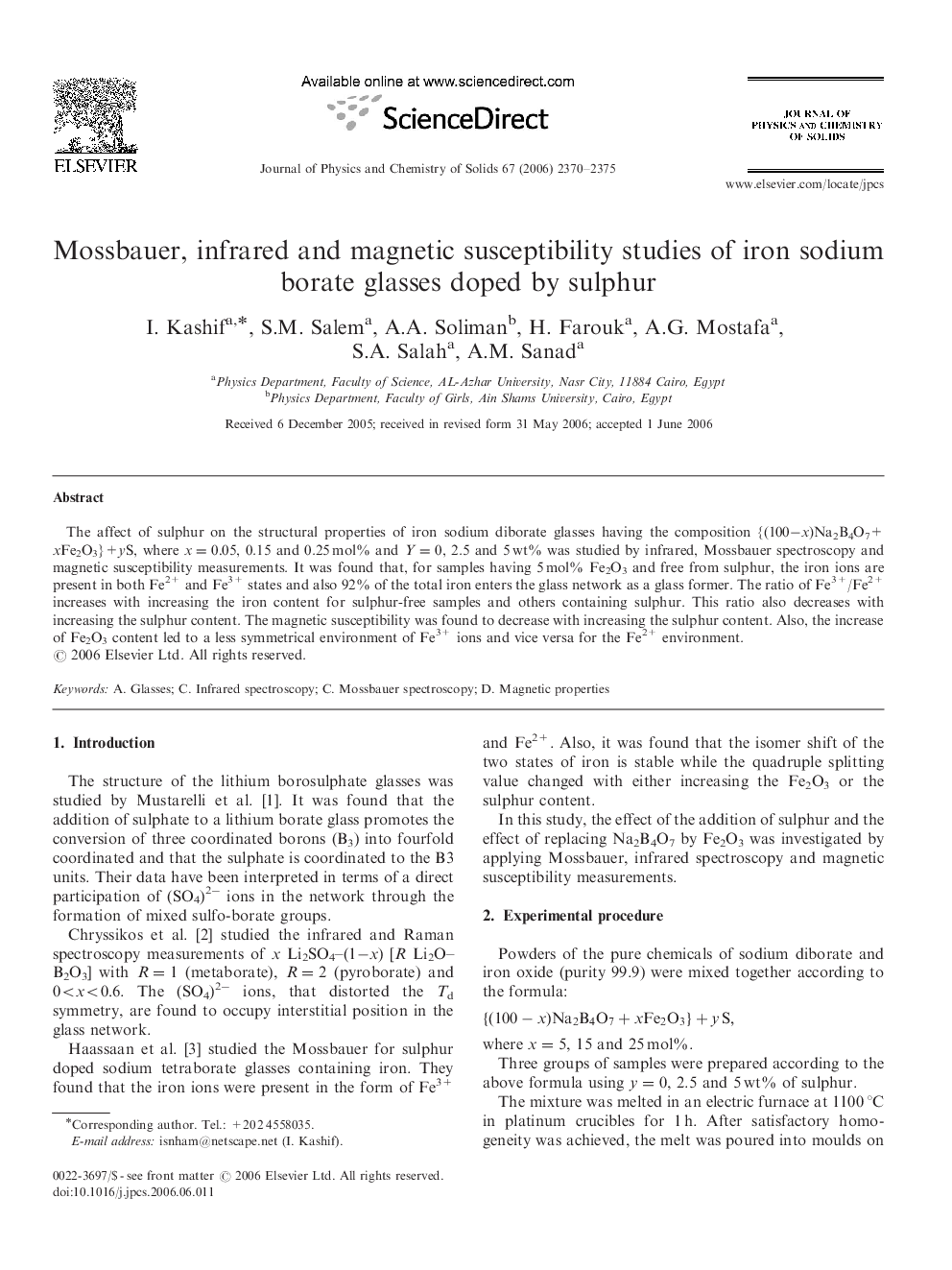 Mossbauer, infrared and magnetic susceptibility studies of iron sodium borate glasses doped by sulphur