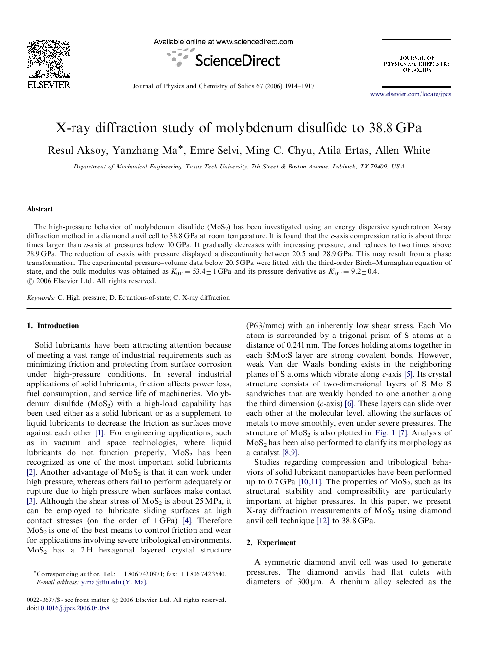 X-ray diffraction study of molybdenum disulfide to 38.8 GPa