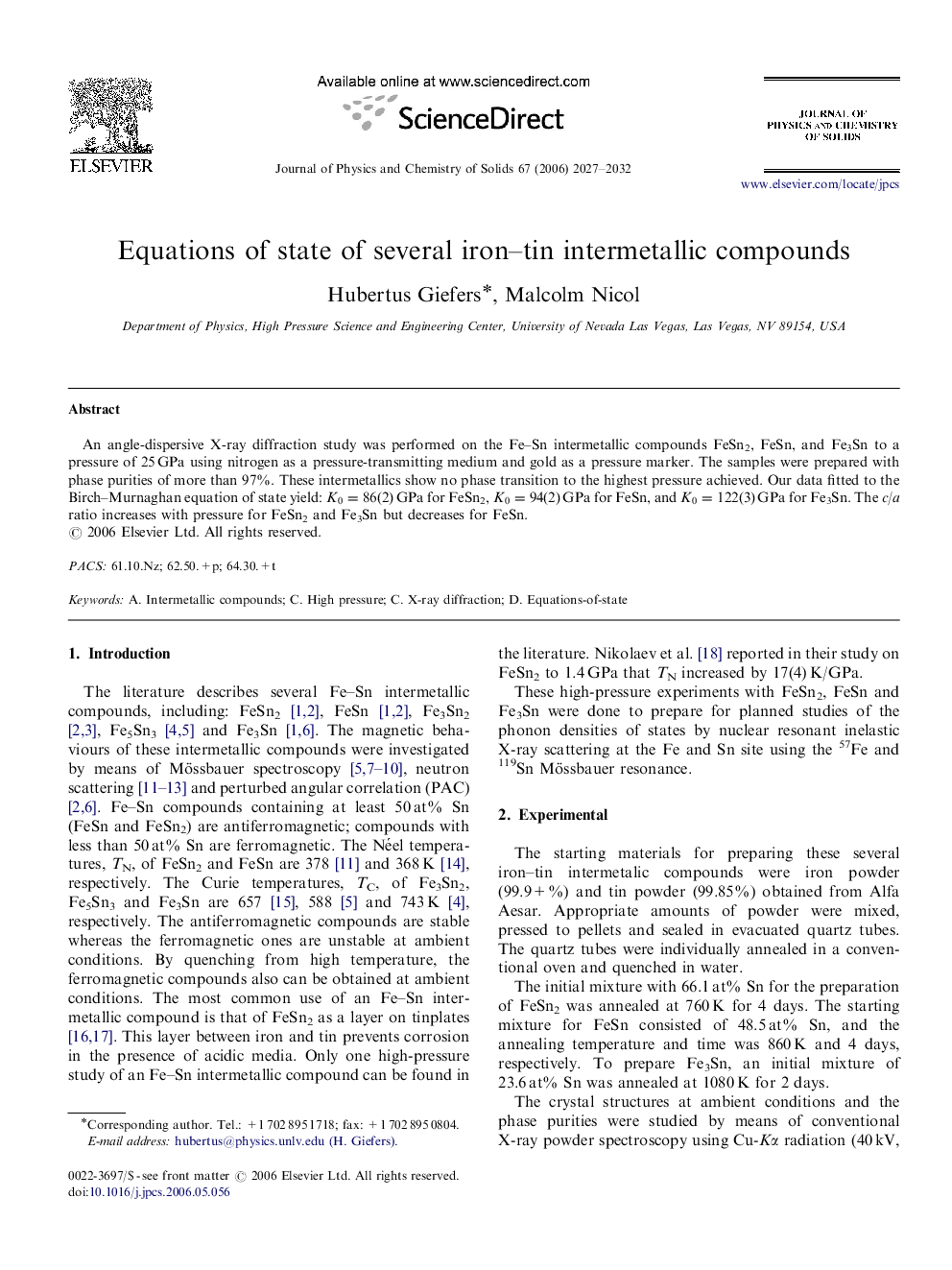 Equations of state of several iron–tin intermetallic compounds