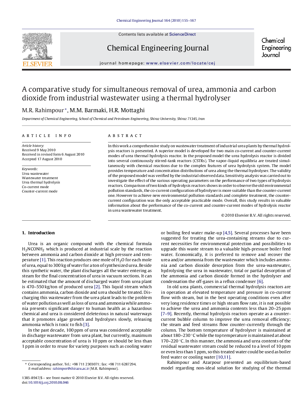 A comparative study for simultaneous removal of urea, ammonia and carbon dioxide from industrial wastewater using a thermal hydrolyser