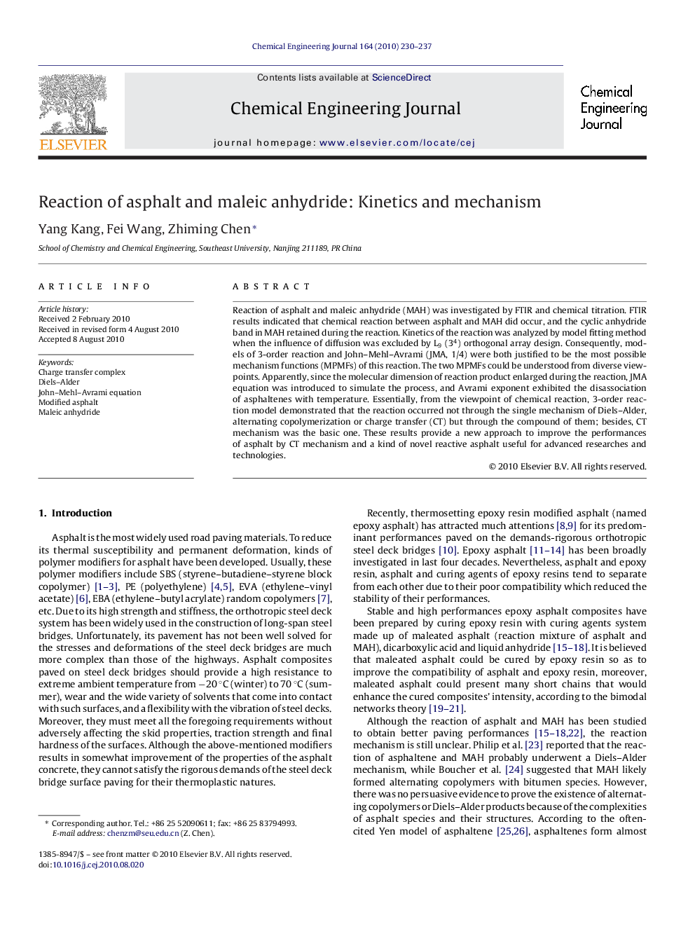 Reaction of asphalt and maleic anhydride: Kinetics and mechanism