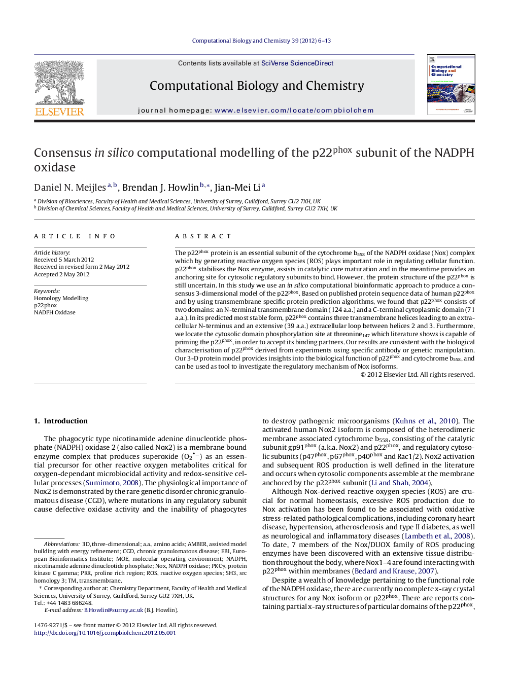 Consensus in silico computational modelling of the p22phox subunit of the NADPH oxidase