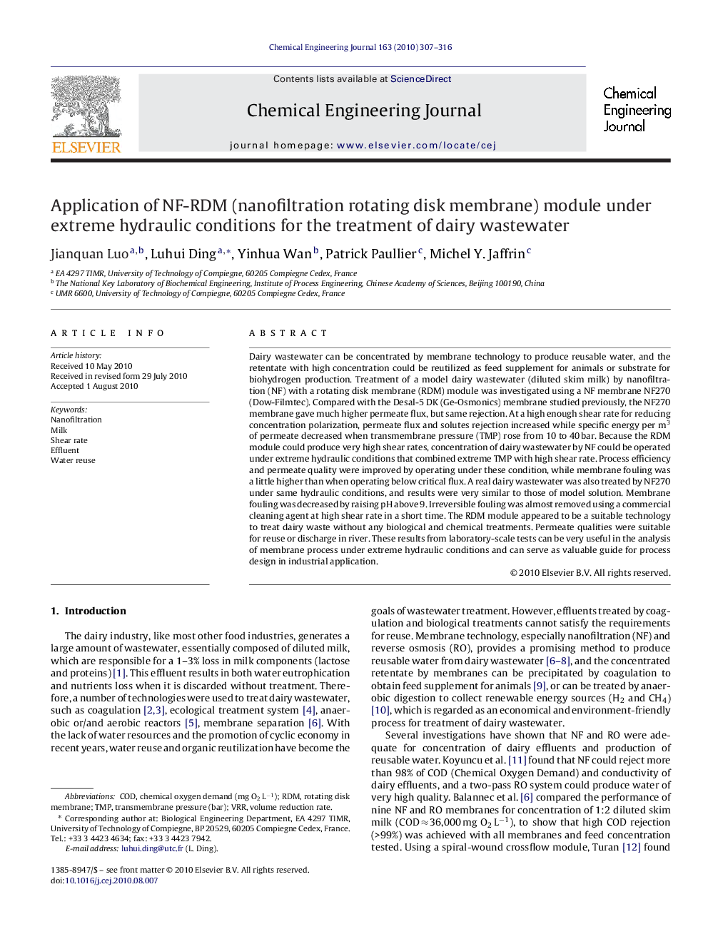 Application of NF-RDM (nanofiltration rotating disk membrane) module under extreme hydraulic conditions for the treatment of dairy wastewater