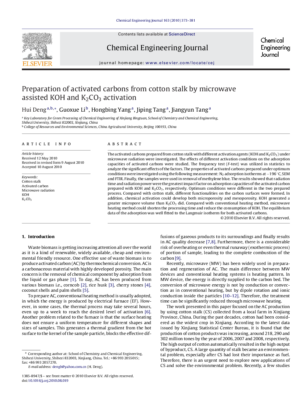 عکس صفحه اول مقاله: Preparation of activated carbons from cotton stalk by microwave assisted KOH and K2CO3 activation Preparation of activated carbons from cotton stalk by microwave assisted KOH and K2CO3 activation