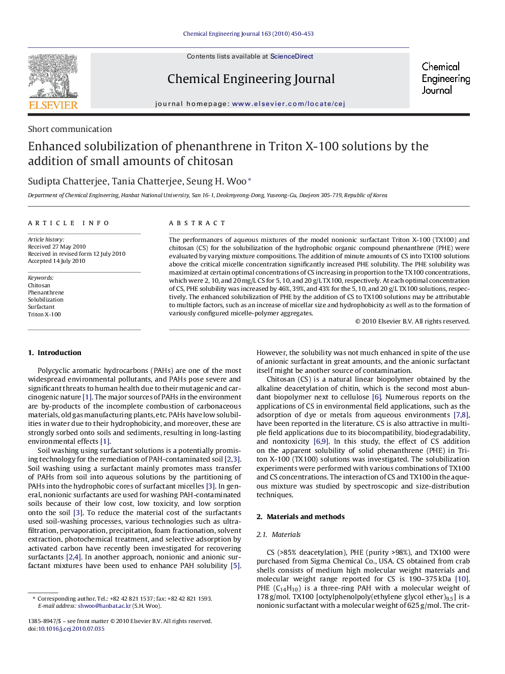 Enhanced solubilization of phenanthrene in Triton X-100 solutions by the addition of small amounts of chitosan