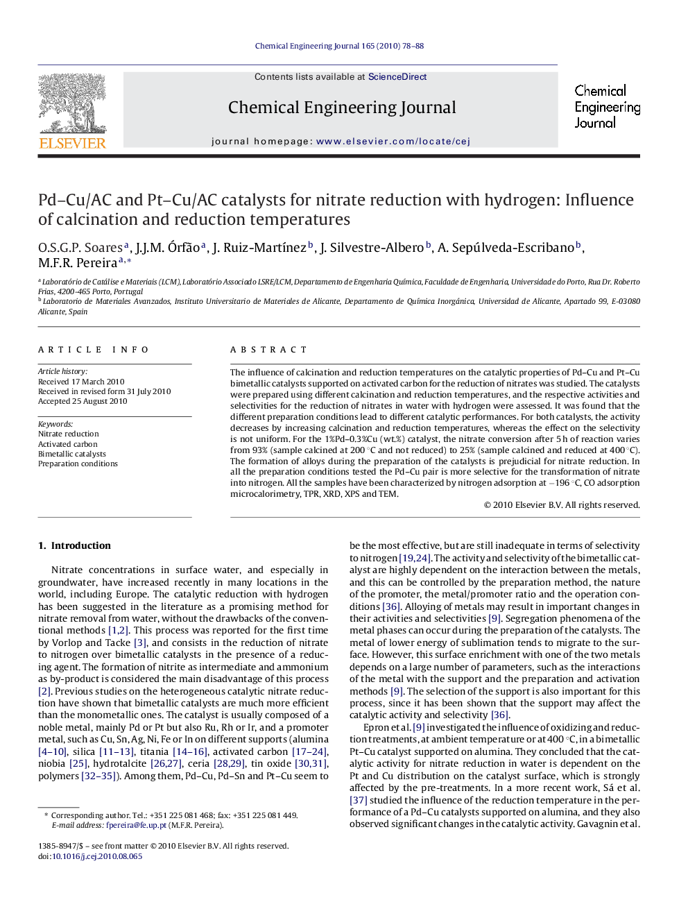 Pd–Cu/AC and Pt–Cu/AC catalysts for nitrate reduction with hydrogen: Influence of calcination and reduction temperatures