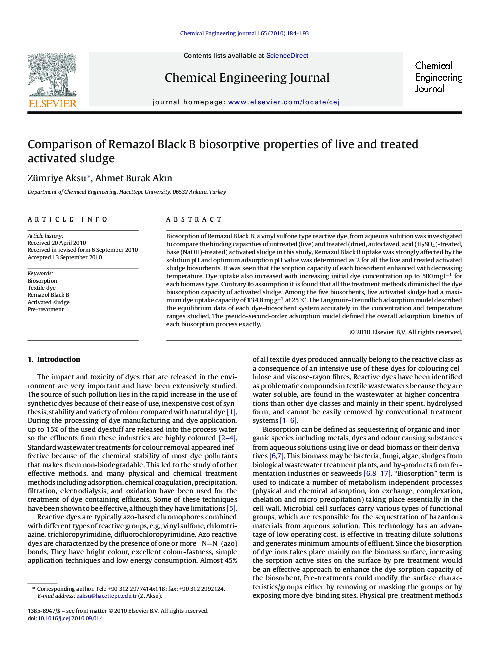 Comparison of Remazol Black B biosorptive properties of live and treated activated sludge