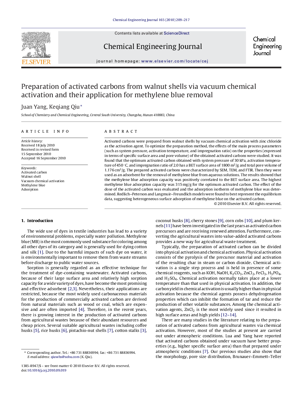 Preparation of activated carbons from walnut shells via vacuum chemical activation and their application for methylene blue removal