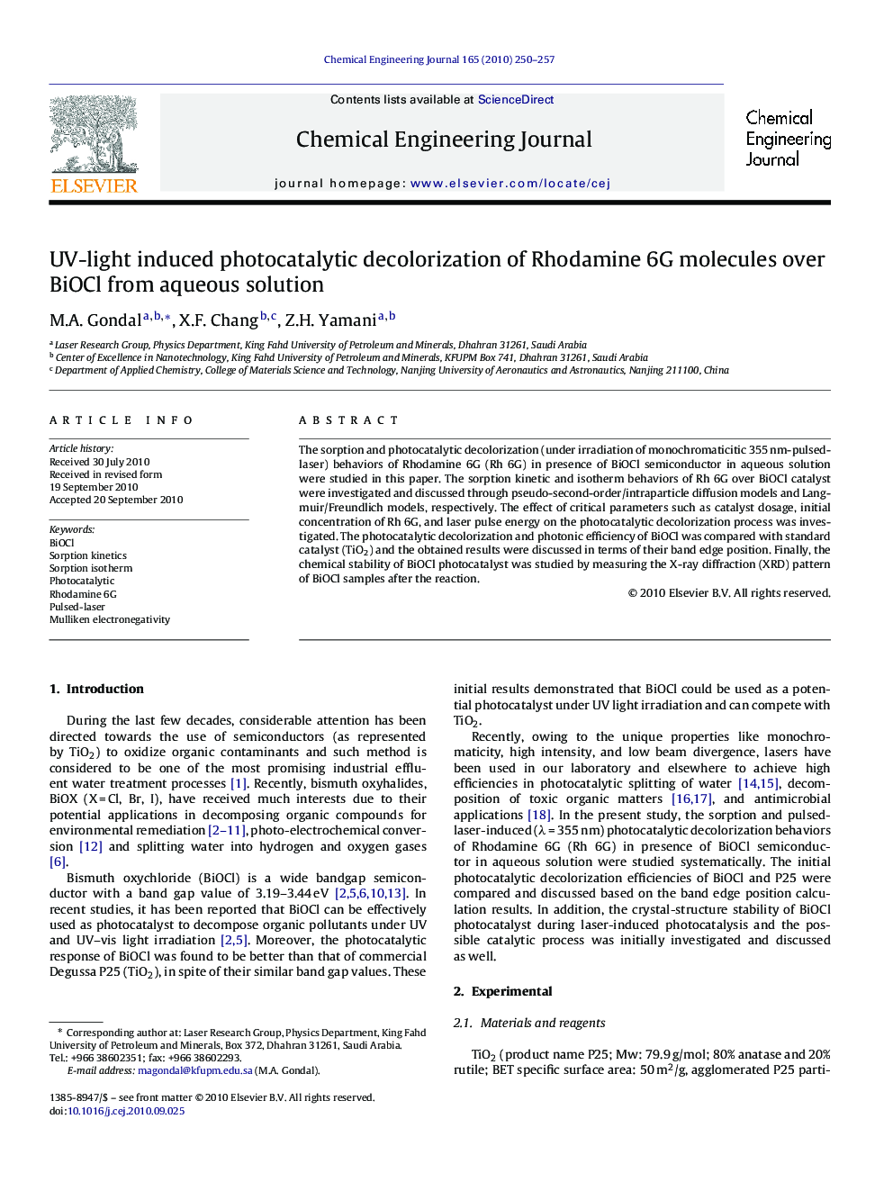 UV-light induced photocatalytic decolorization of Rhodamine 6G molecules over BiOCl from aqueous solution