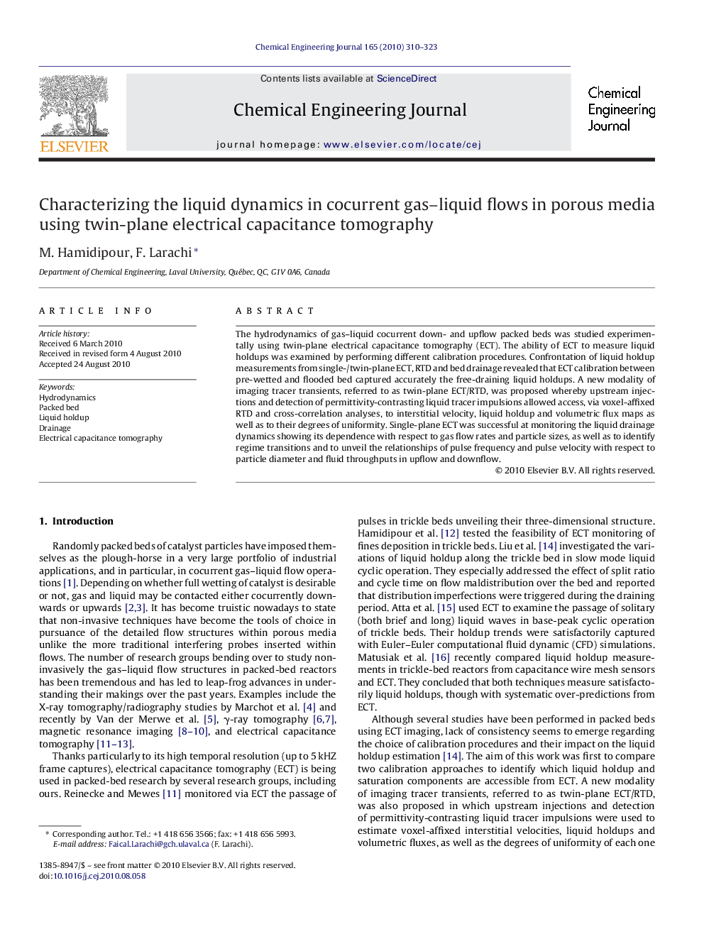 Characterizing the liquid dynamics in cocurrent gas–liquid flows in porous media using twin-plane electrical capacitance tomography