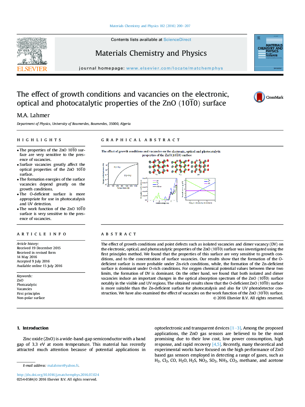 عکس صفحه اول مقاله: The effect of growth conditions and vacancies on the electronic, optical and photocatalytic properties of the ZnO (101¯0) surface The effect of growth conditions and vacancies on the electronic, optical and photocatalytic properties of the ZnO (101¯0) surface
