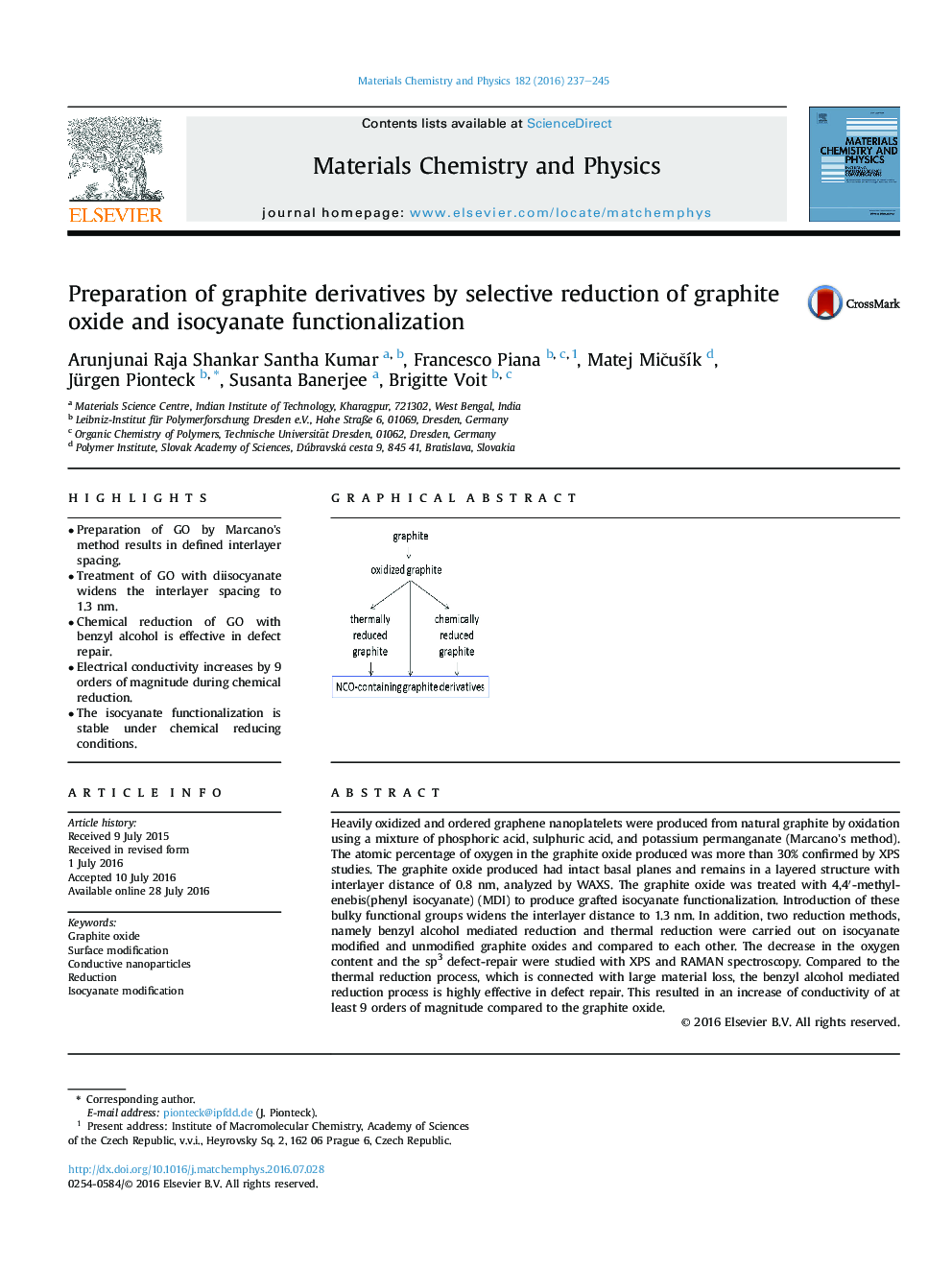 Preparation of graphite derivatives by selective reduction of graphite oxide and isocyanate functionalization