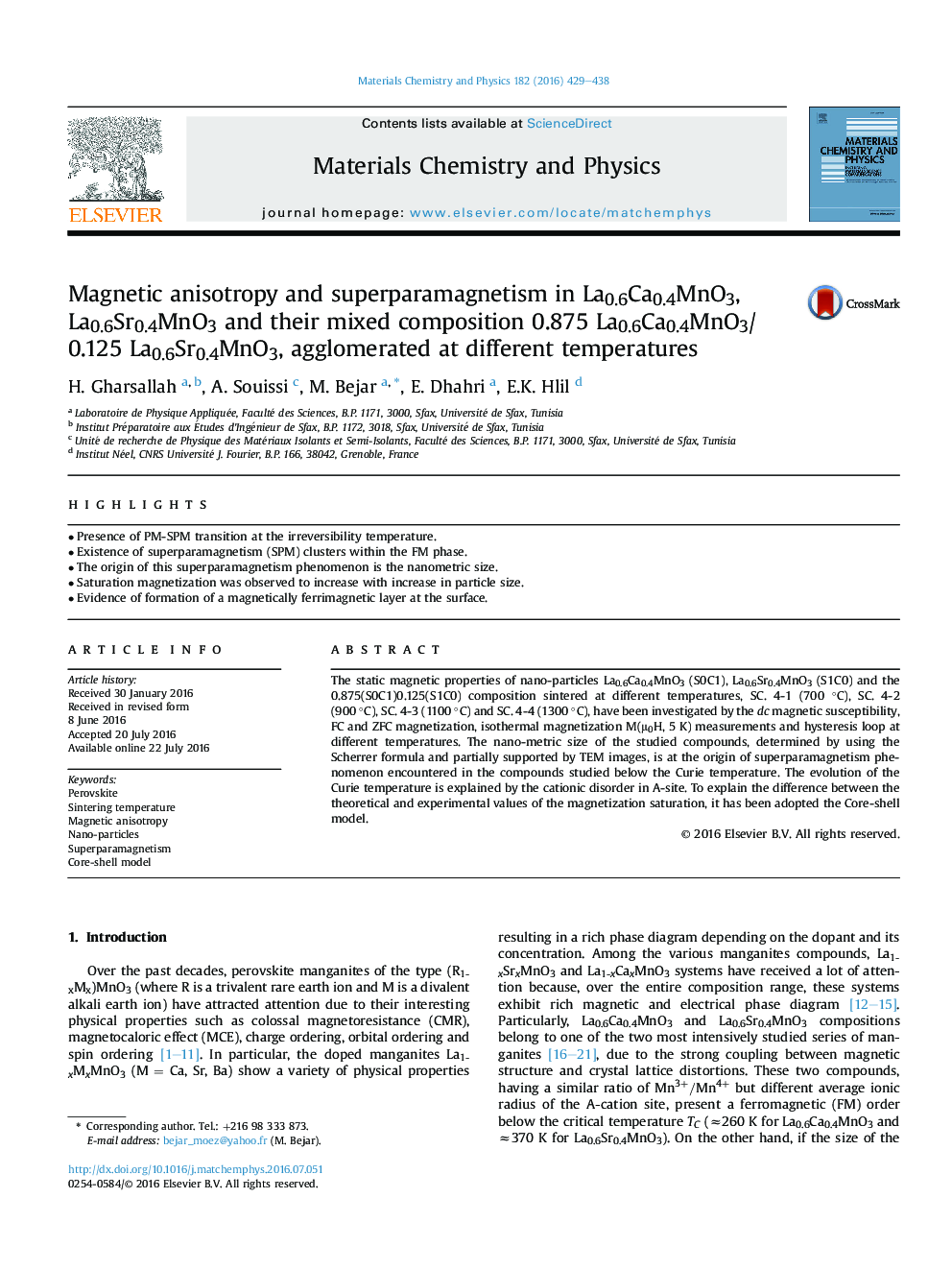 Magnetic anisotropy and superparamagnetism in La0.6Ca0.4MnO3, La0.6Sr0.4MnO3 and their mixed composition 0.875 La0.6Ca0.4MnO3/0.125 La0.6Sr0.4MnO3, agglomerated at different temperatures