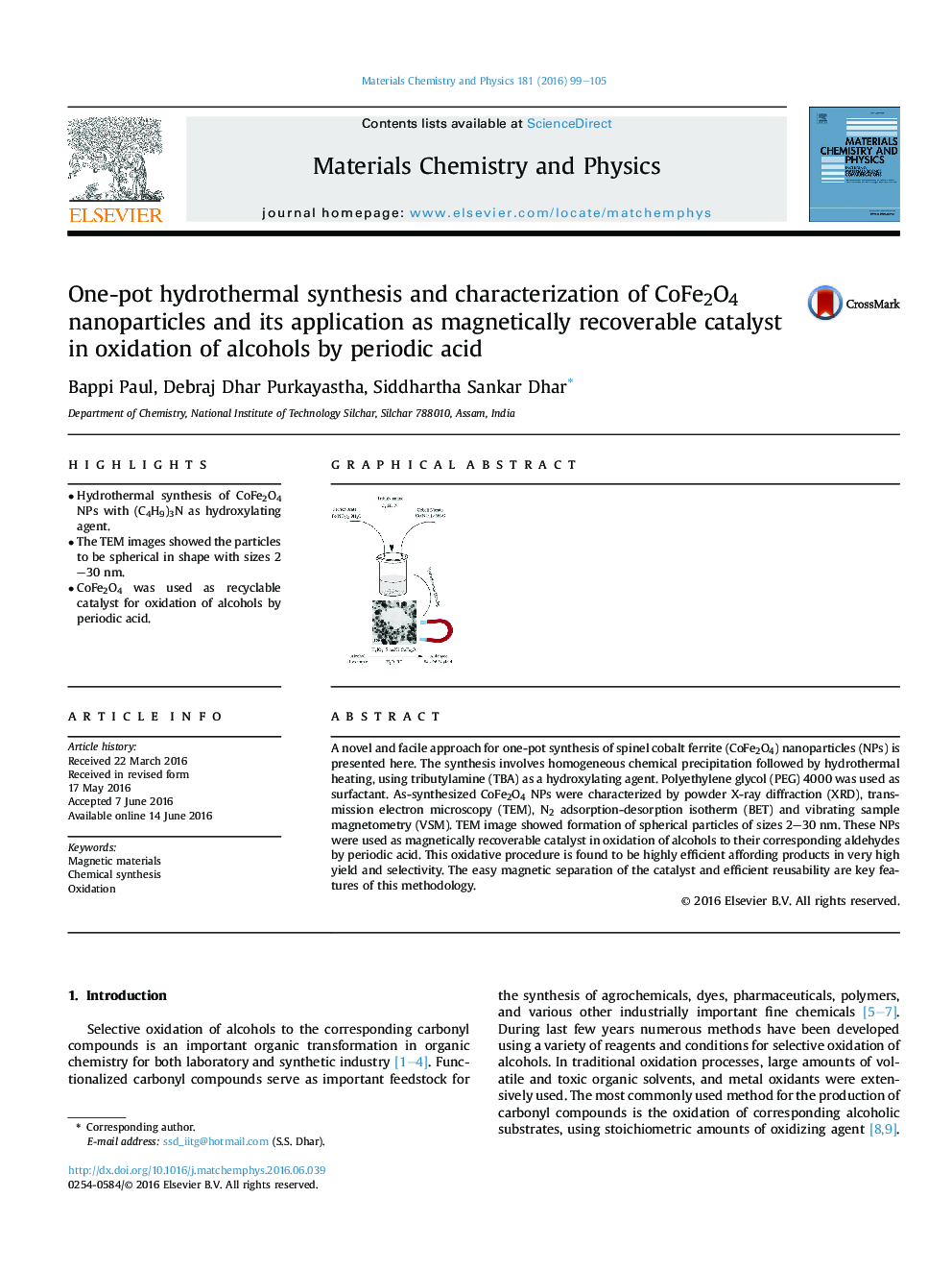 One-pot hydrothermal synthesis and characterization of CoFe2O4 nanoparticles and its application as magnetically recoverable catalyst in oxidation of alcohols by periodic acid
