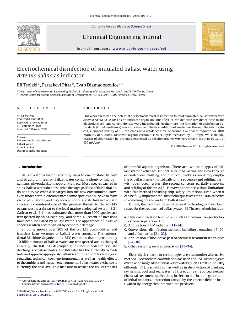 Electrochemical disinfection of simulated ballast water using Artemia salina as indicator