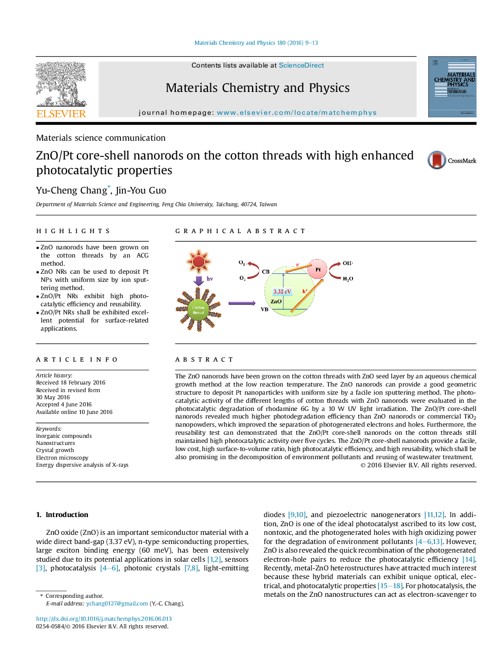 ZnO/Pt core-shell nanorods on the cotton threads with high enhanced photocatalytic properties