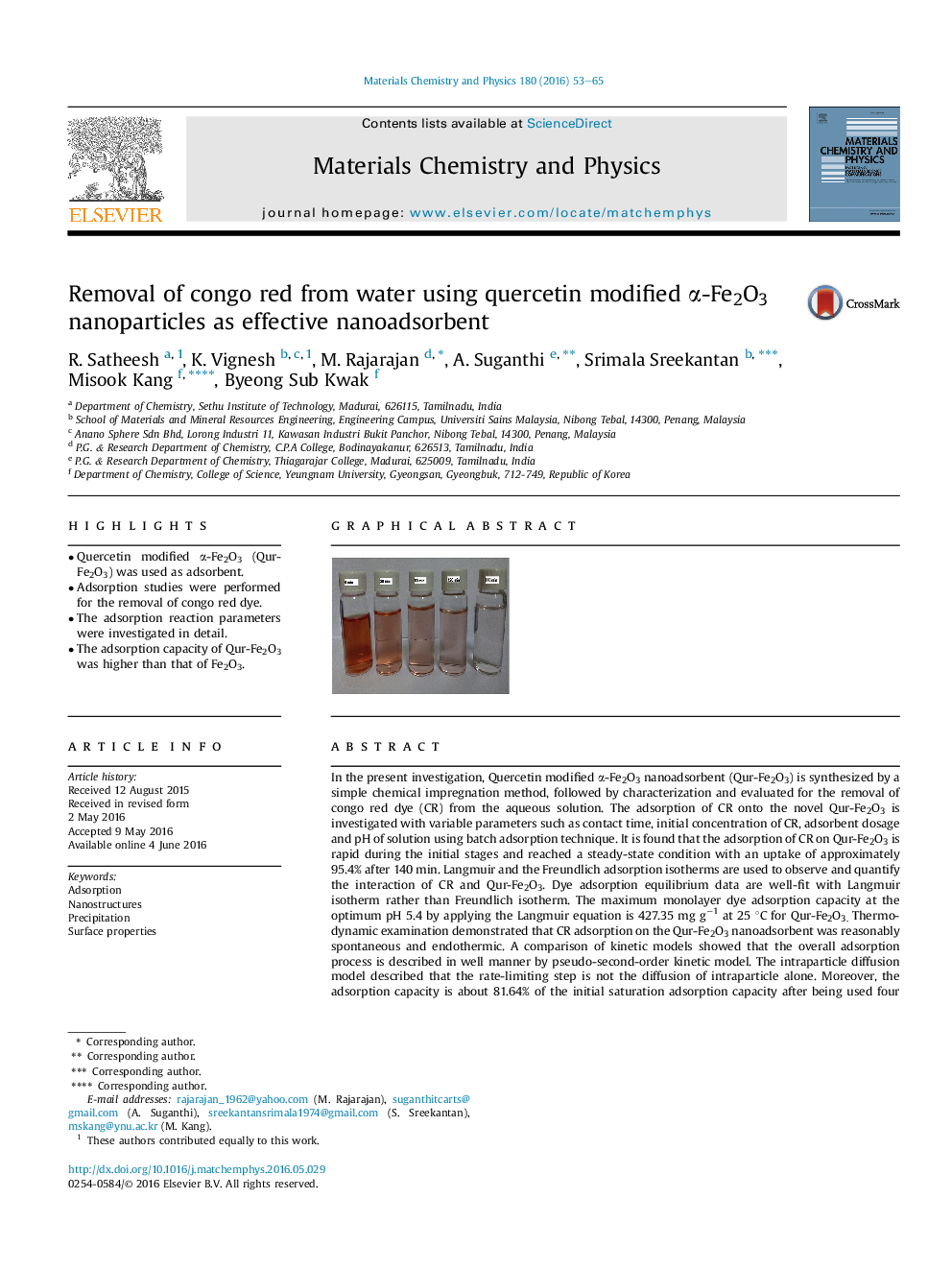 Removal of congo red from water using quercetin modified α-Fe2O3 nanoparticles as effective nanoadsorbent