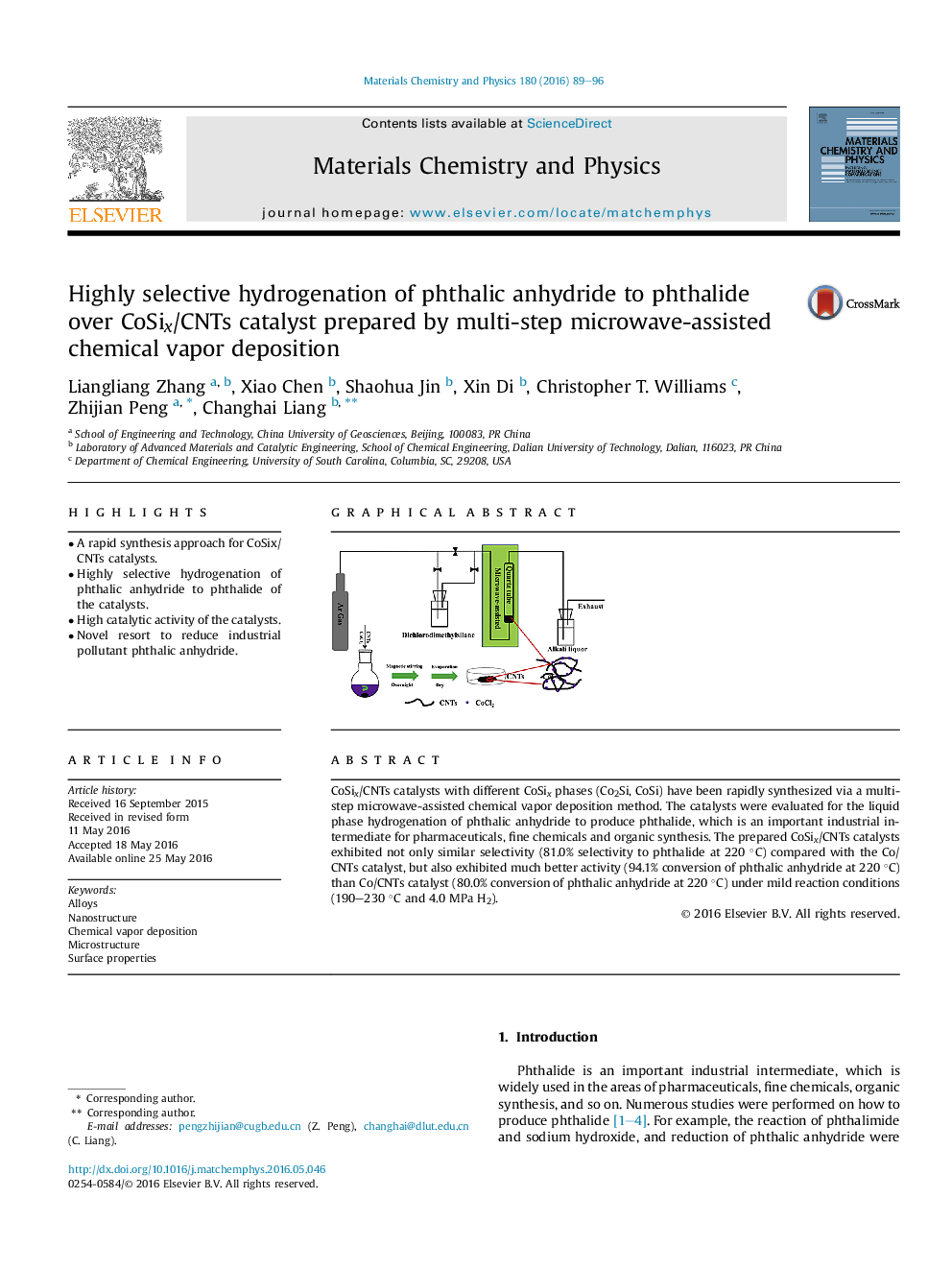 Highly selective hydrogenation of phthalic anhydride to phthalide over CoSix/CNTs catalyst prepared by multi-step microwave-assisted chemical vapor deposition