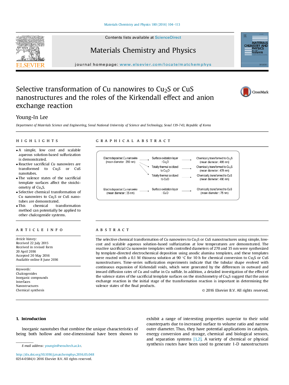 Selective transformation of Cu nanowires to Cu2S or CuS nanostructures and the roles of the Kirkendall effect and anion exchange reaction