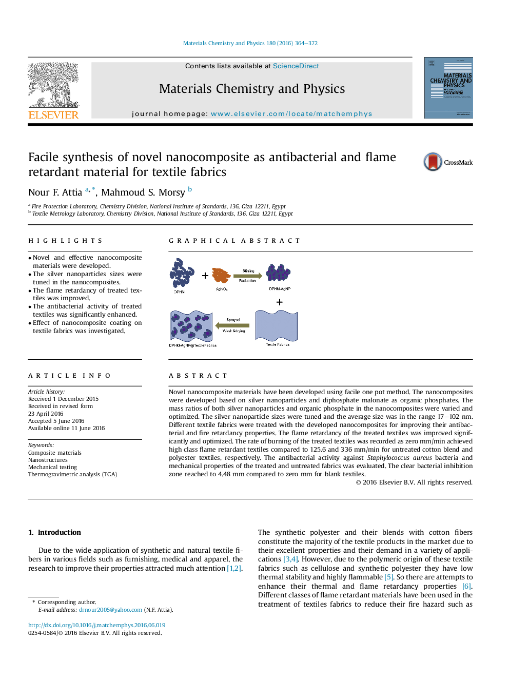 Facile synthesis of novel nanocomposite as antibacterial and flame retardant material for textile fabrics