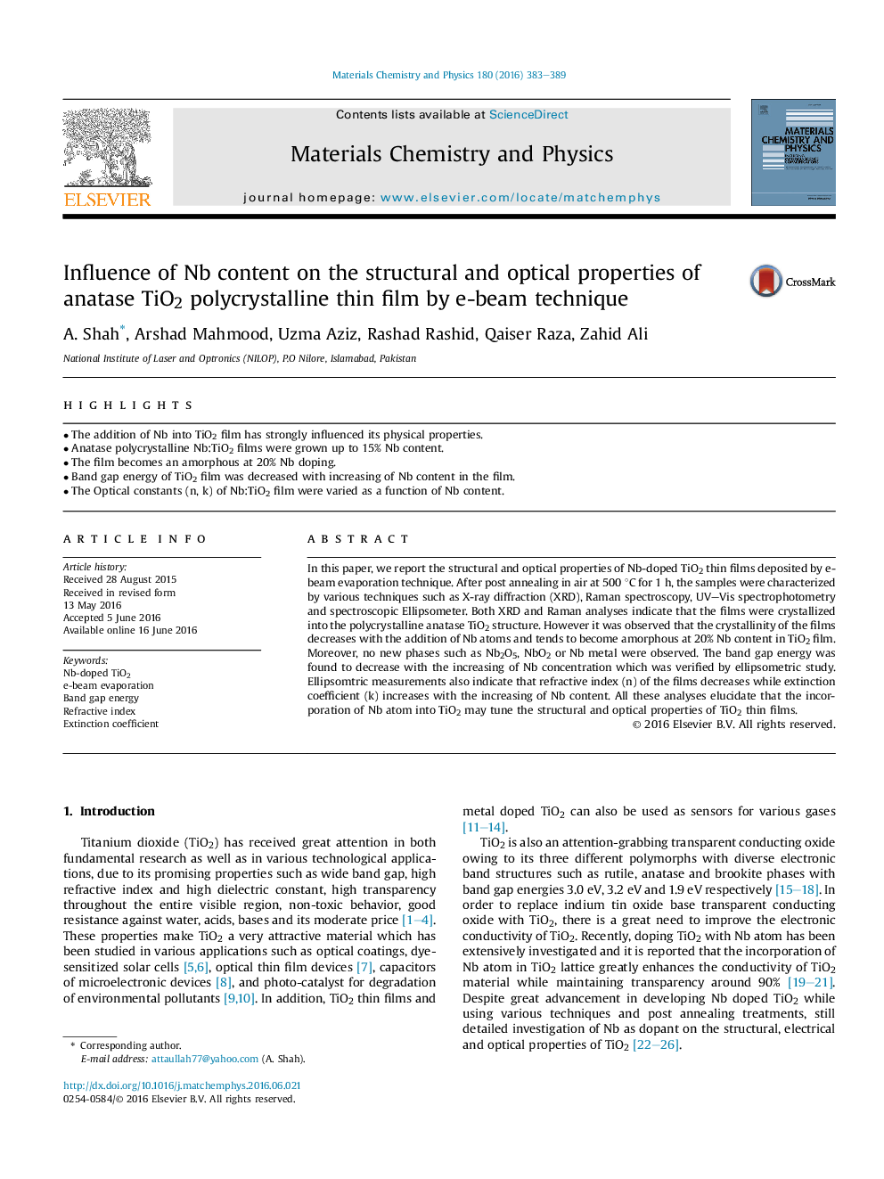 Influence of Nb content on the structural and optical properties of anatase TiO2 polycrystalline thin film by e-beam technique